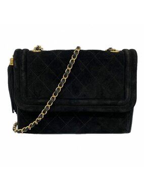 Chanel Shoulder Bag Quilted Suede Black Gold